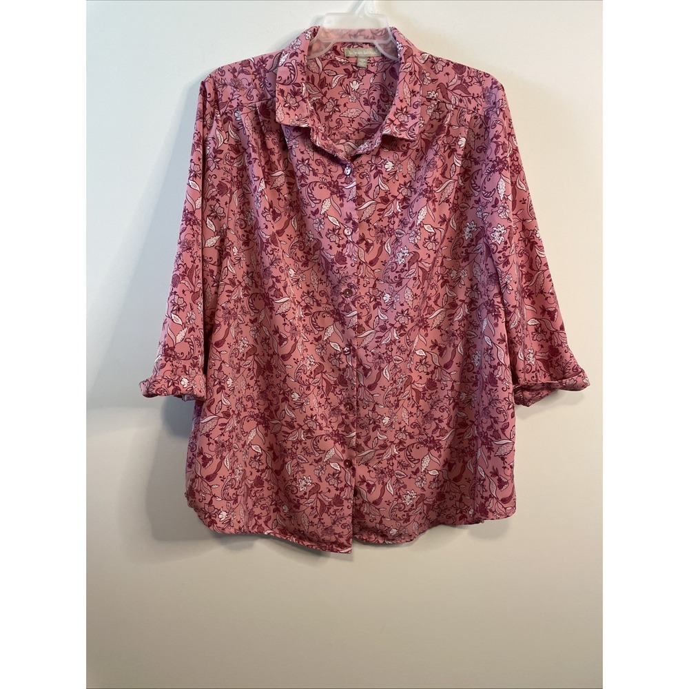 Woman Within 1X Pink‎ Floral Top 3/4 Sleeve Button Front Boho Blouse